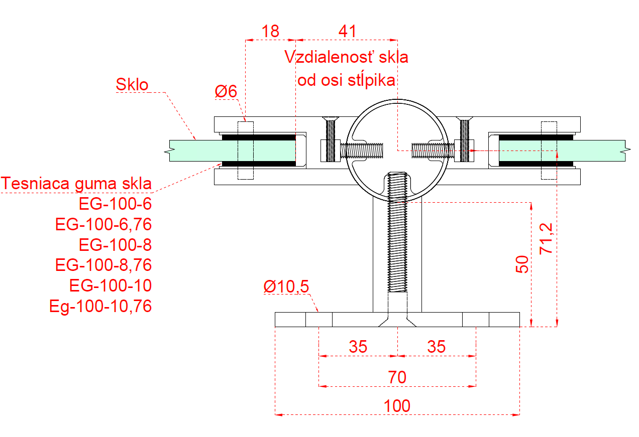 Nerezový stĺp, bočné kotvenie, výplň: sklo, priechodný Rozmer B