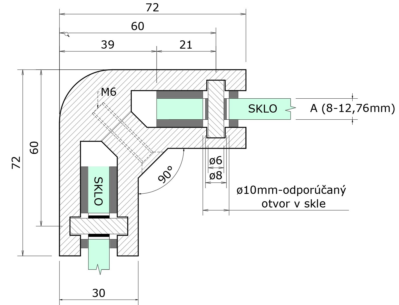 Svorka rohová, sklo 8 - 12,76 mm, brúsená AISI 304