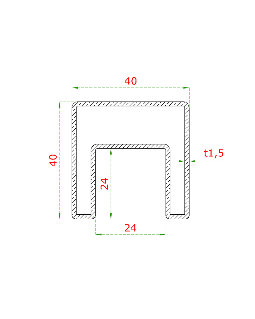 Madlo 40 x 40 mm, L = 1000 m, sklo 8 - 17,5 mm, AISI 304