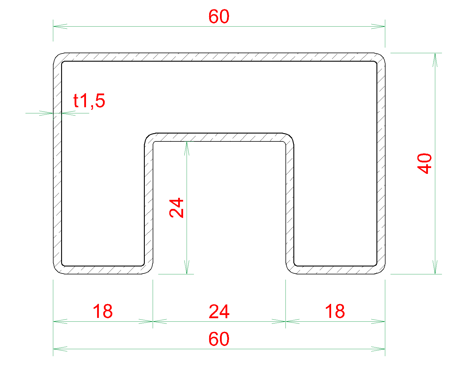 Madlo 60 x 40 mm, L = 2000 m, sklo 8 - 17,5 mm, AISI 304