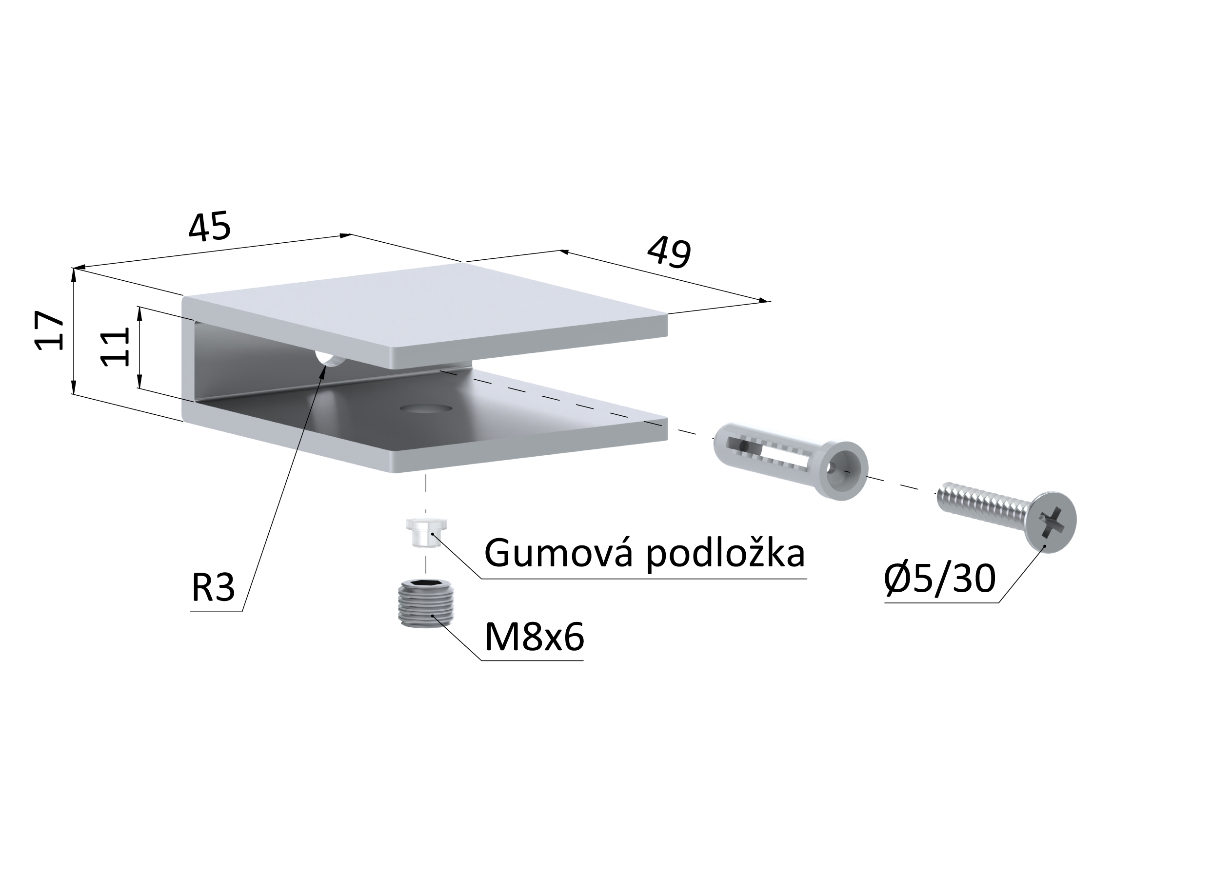 Držiak police pre sklo 8 - 10 mm, brúsená nerez AISI 304