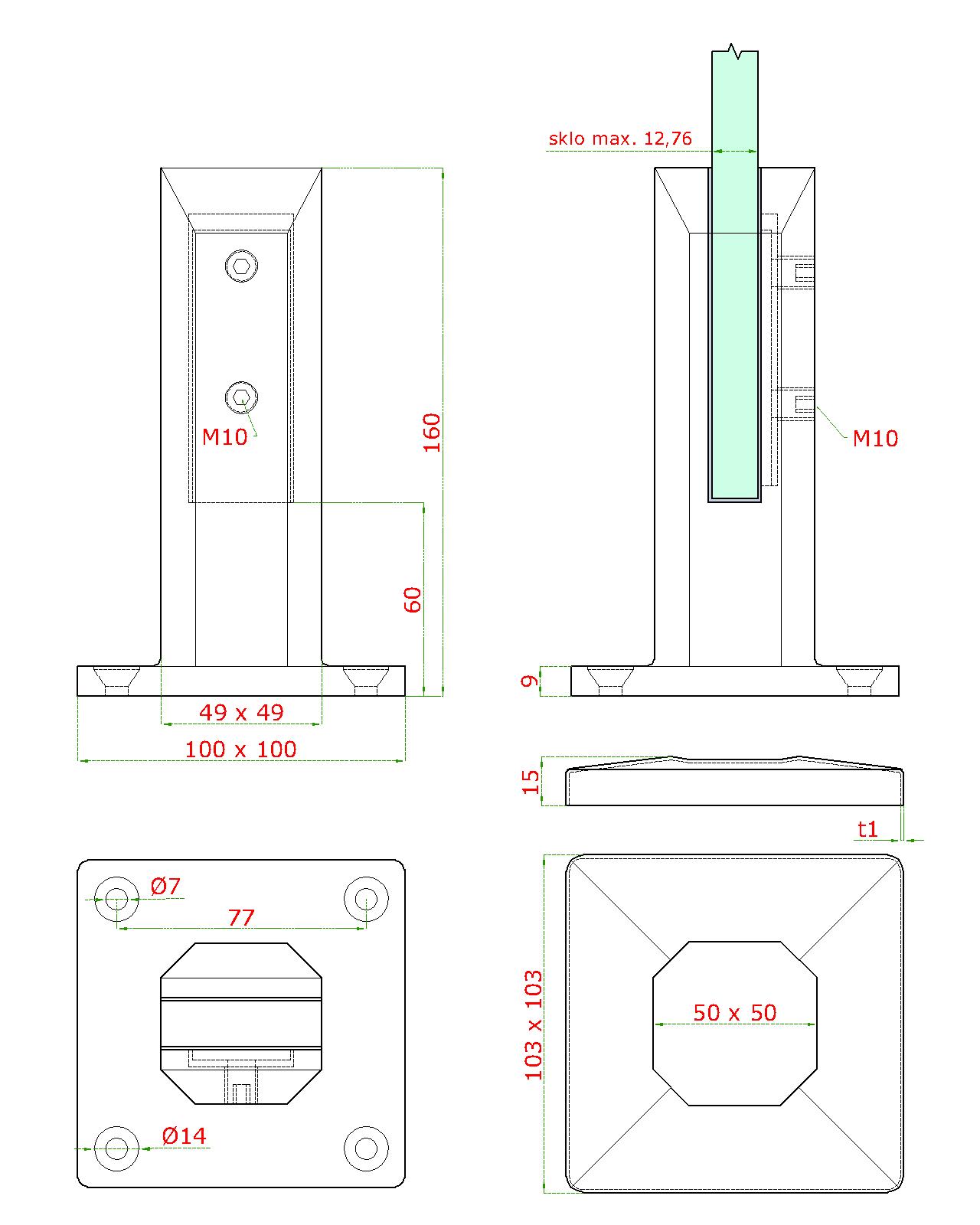 Vrchné kotvenie pre sklo 12,76 mm, brúsená AISI 316