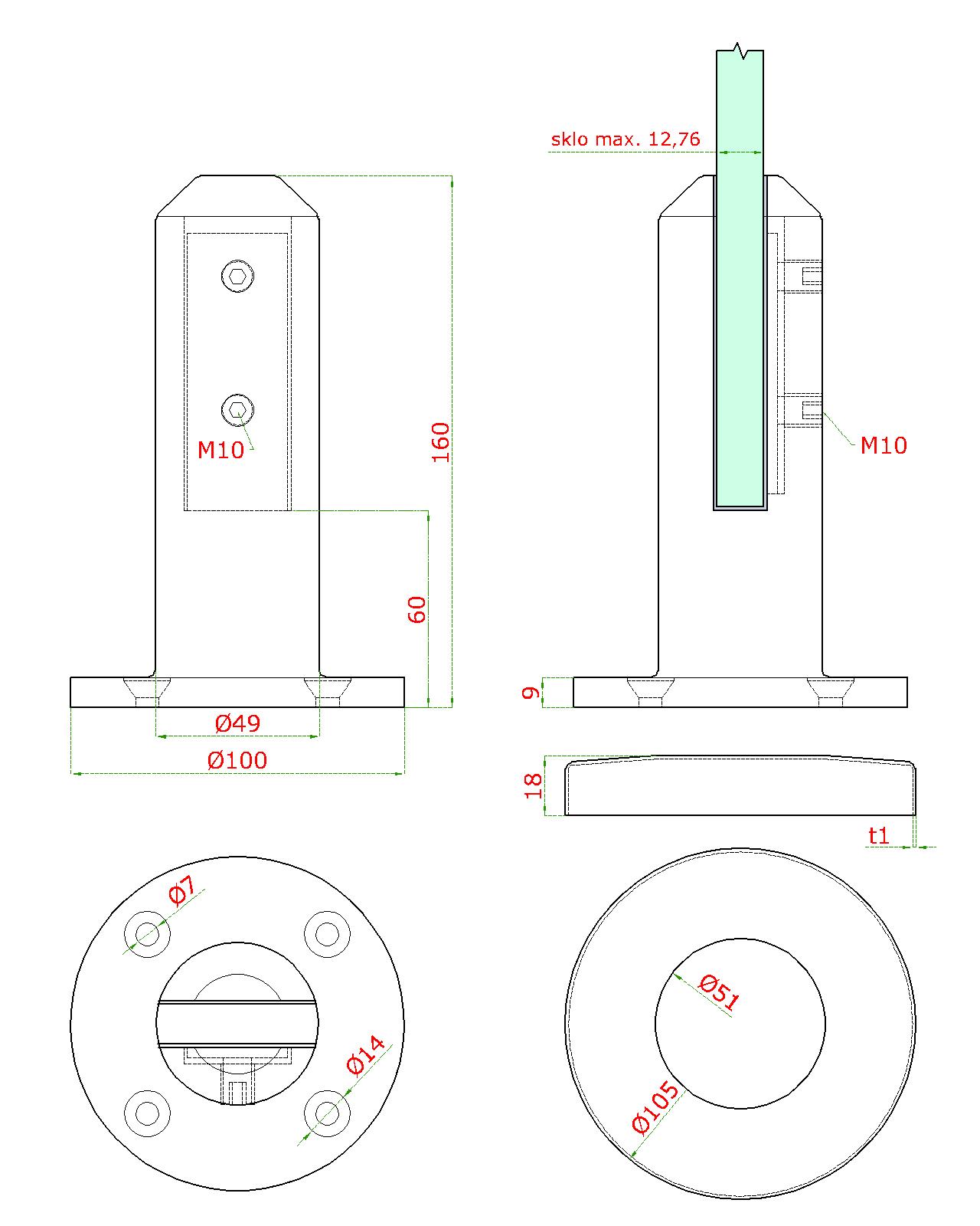 Vrchné kotvenie pre sklo 12,76 mm, brúsená AISI 316