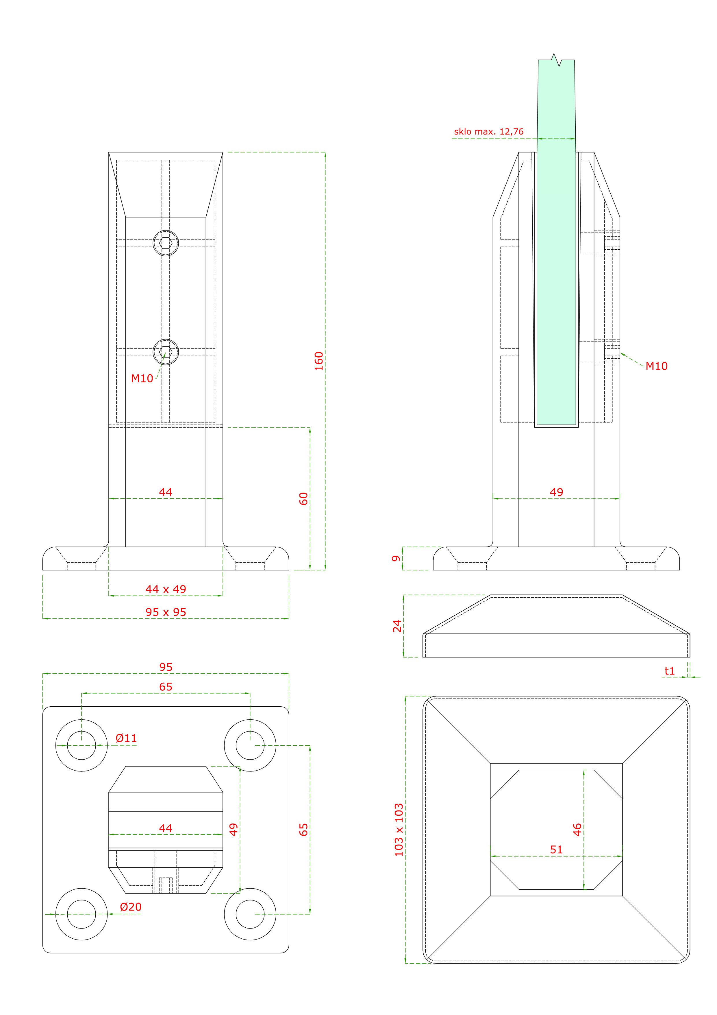 Vrchné kotvenie pre sklo 10 - 12,76 mm, brúsená AISI 316