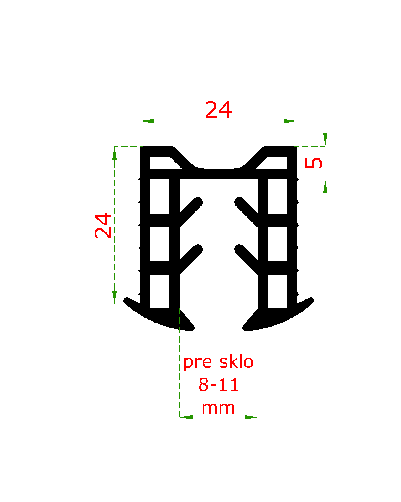 Gumené tesnenie pre madlo 24 x 24 mm, sklo 8 - 11 mm