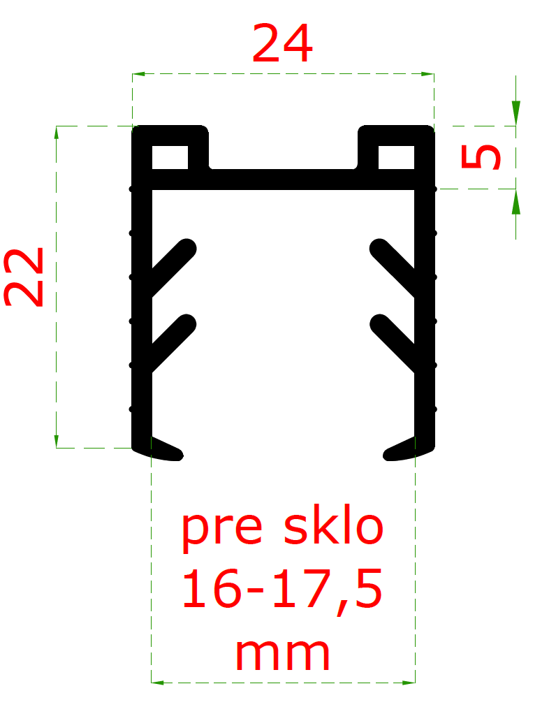 Gumené tesnenie pre madlo 24 x 24 mm, sklo 16 - 17,5 mm