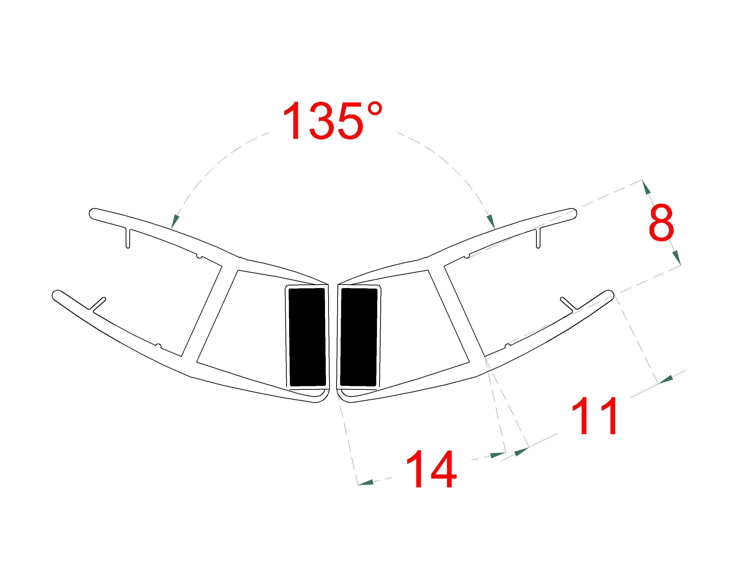 Plastové tesnenia magnetické, sklo 8 mm, 135°, L = 2200 mm