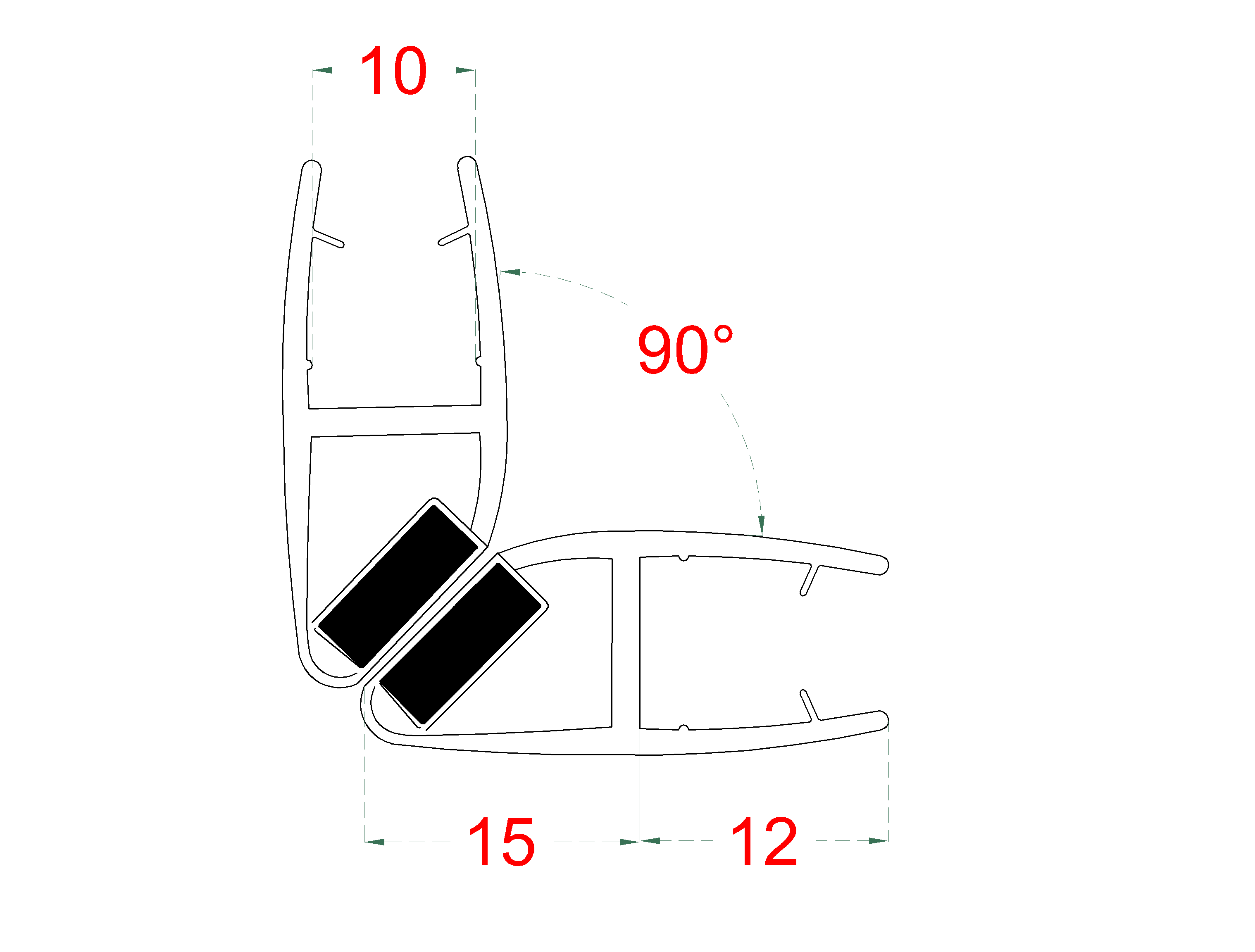 Plastové tesnenia magnetické, sklo 10 mm, 90°, L = 2200 mm