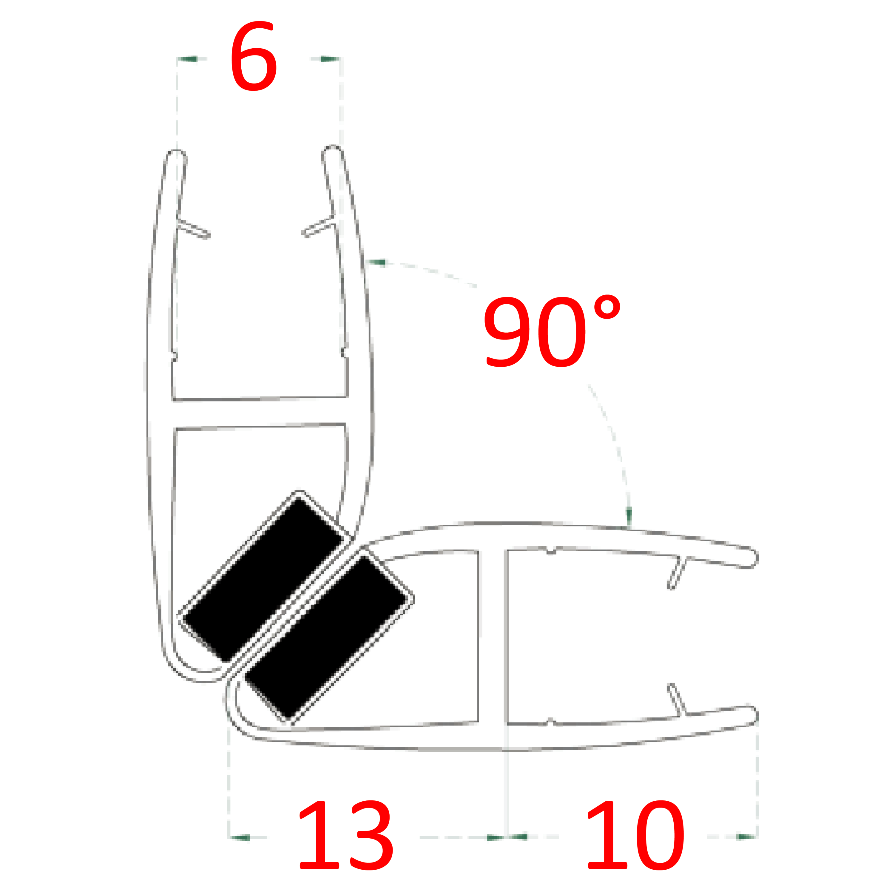Plastové tesnenia magnetické, sklo 6 mm, 90°, L = 2200 mm