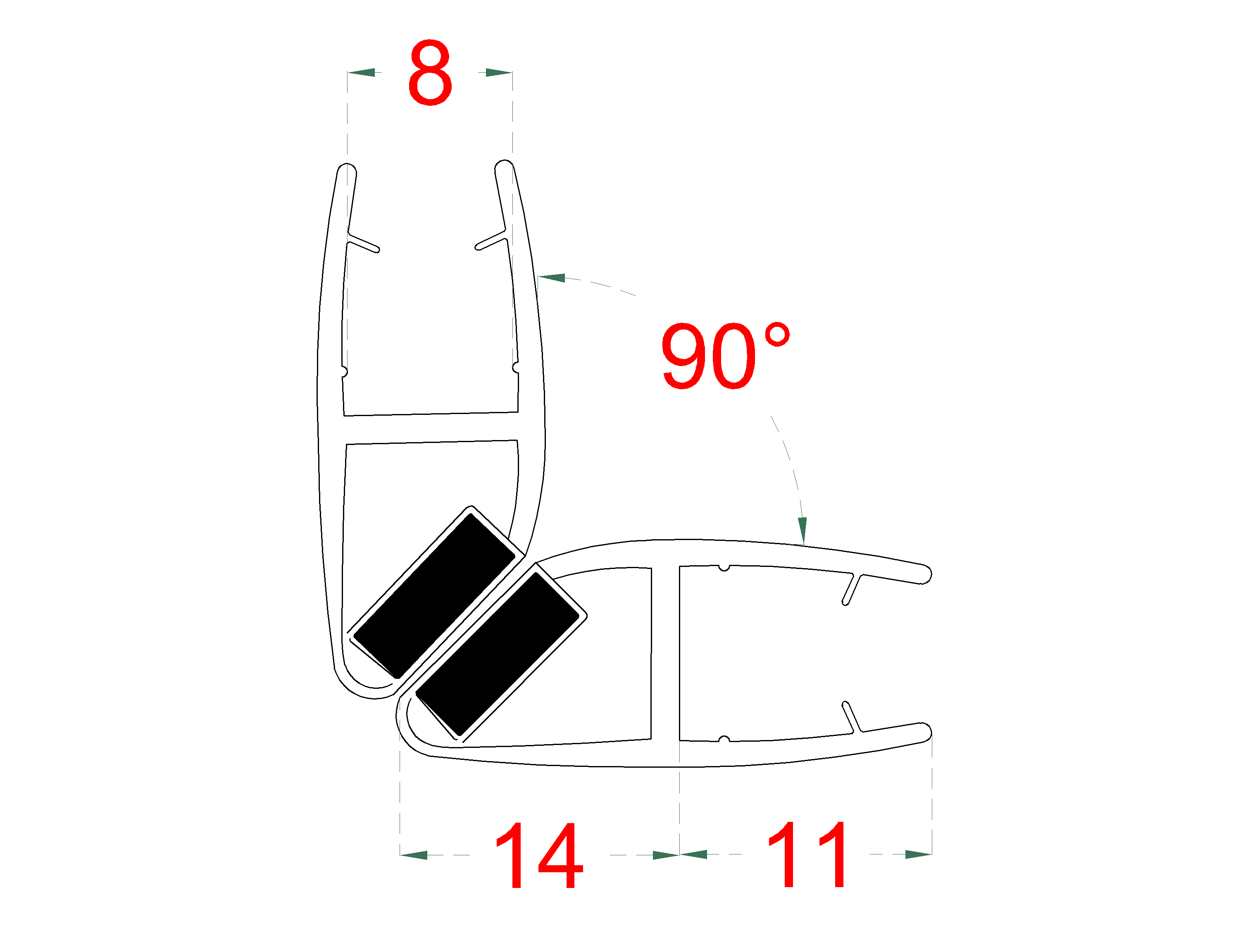 Plastové tesnenia magnetické, sklo 8 mm, 90°, L = 2200 mm