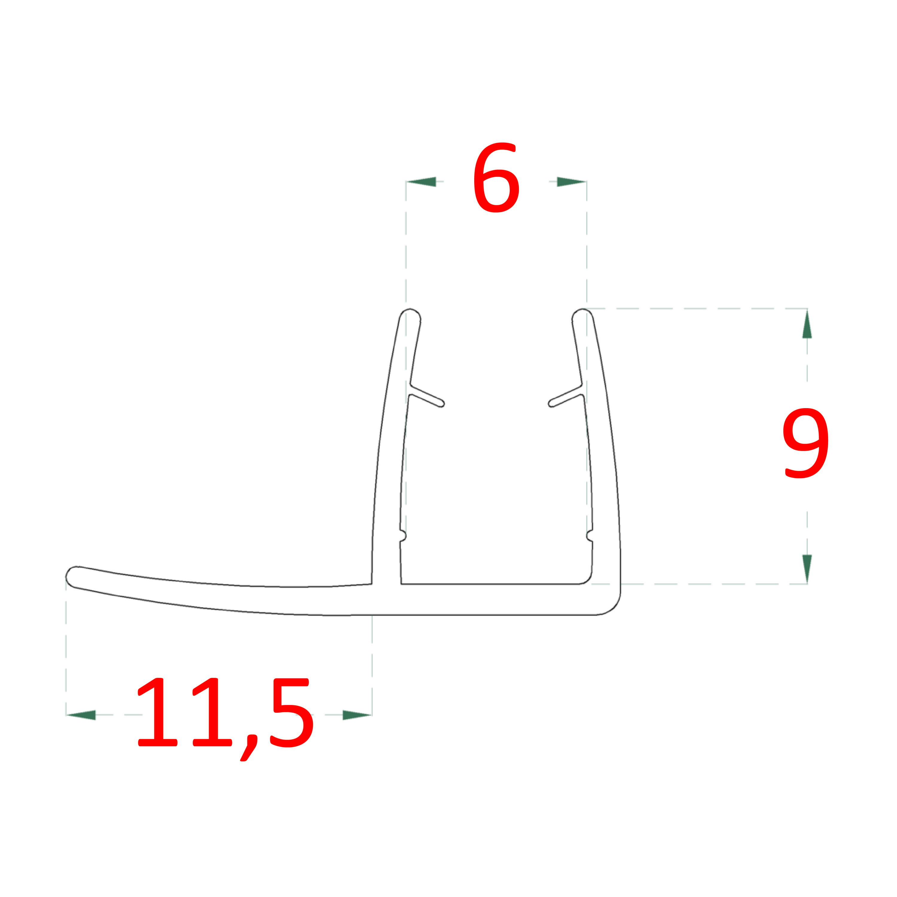 Plastové tesnenie na sklo 6 mm, L = 2200 mm