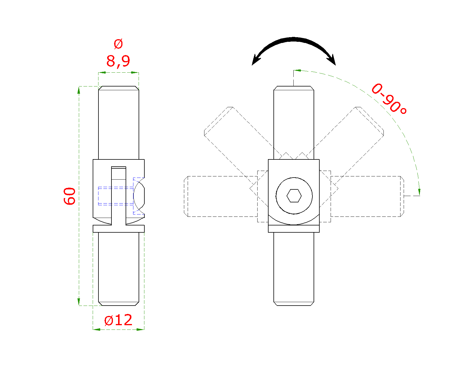 Spoj s kĺbom (0-100°), ø 12 mm (trubka), brúsená AISI 304