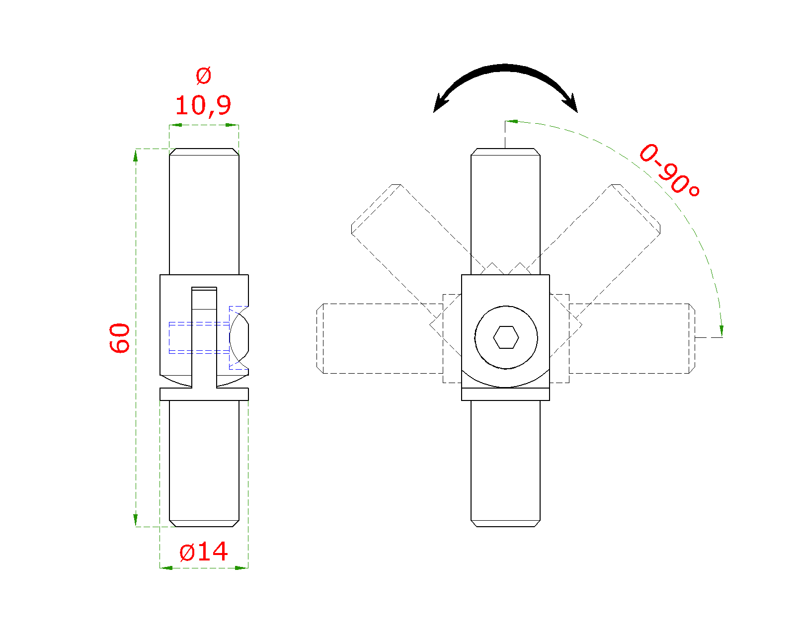 Spoj s kĺbom (0-100°), ø 14 mm (trubka), brúsená AISI 304
