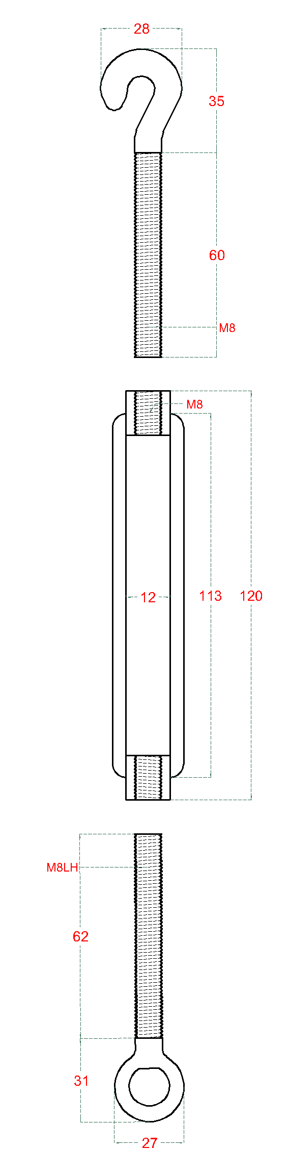 Šponovák so závitom M8 a LH8, nerez AISI 304