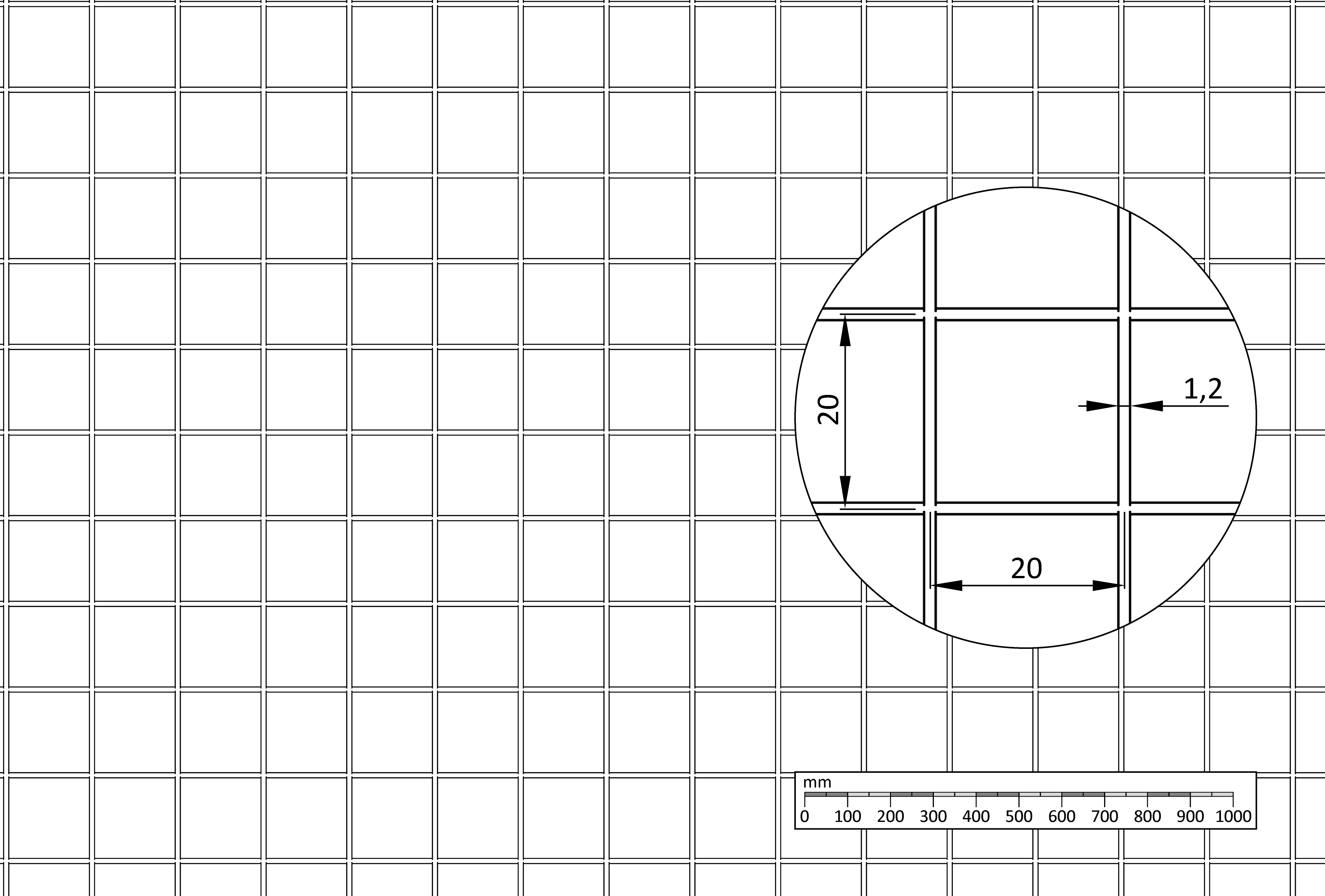 Zvárané sito, oko: 20 x 20 mm, hrúbka: 1,2 mm, AISI 304