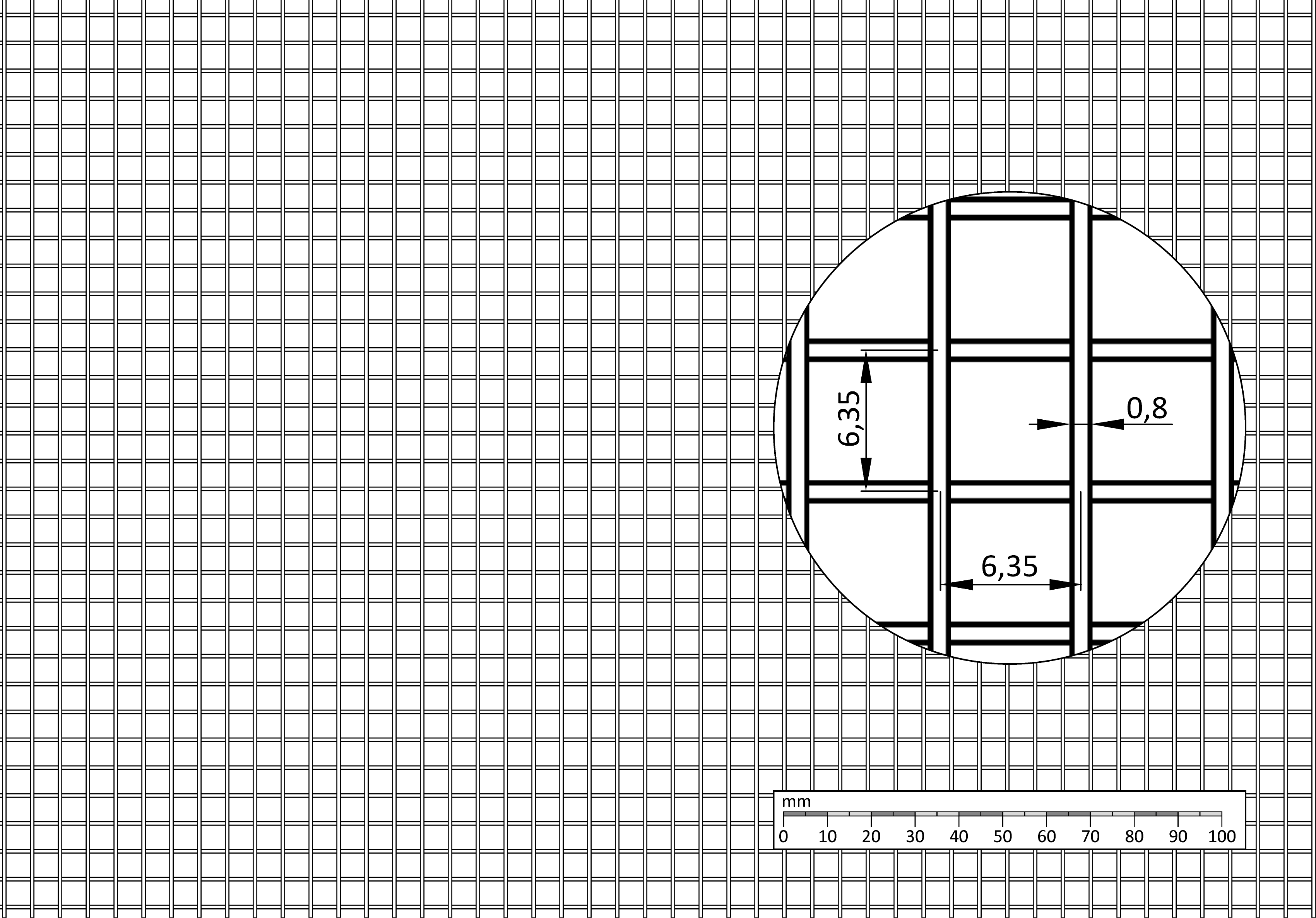 Zvárané sito, oka: 6,35 x 6,35 mm, hrúbka: 0,8 mm, AISI 304