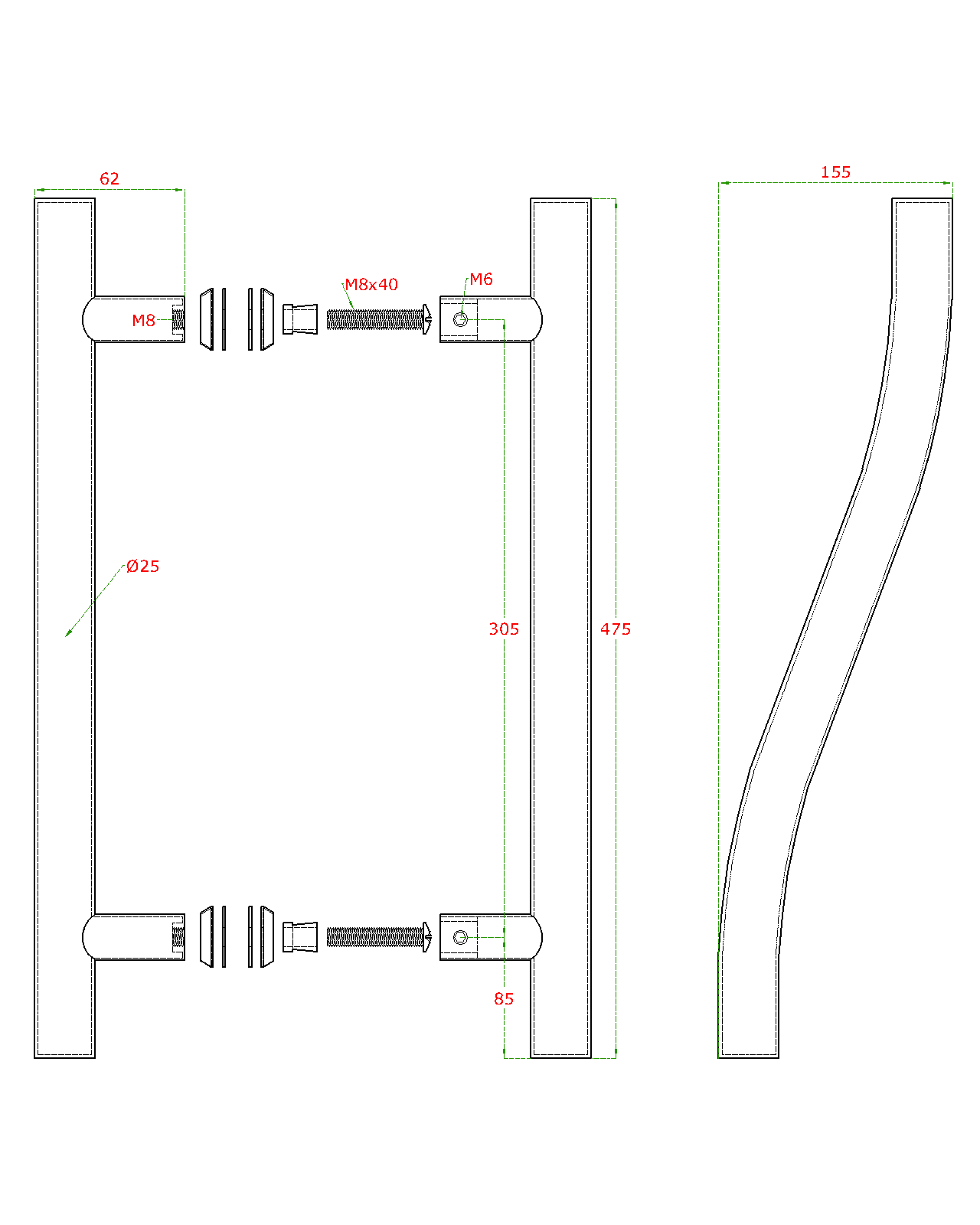 Madlo na dvere, L = 475 mm, sklo 8 - 12 mm, brúsená AISI 304