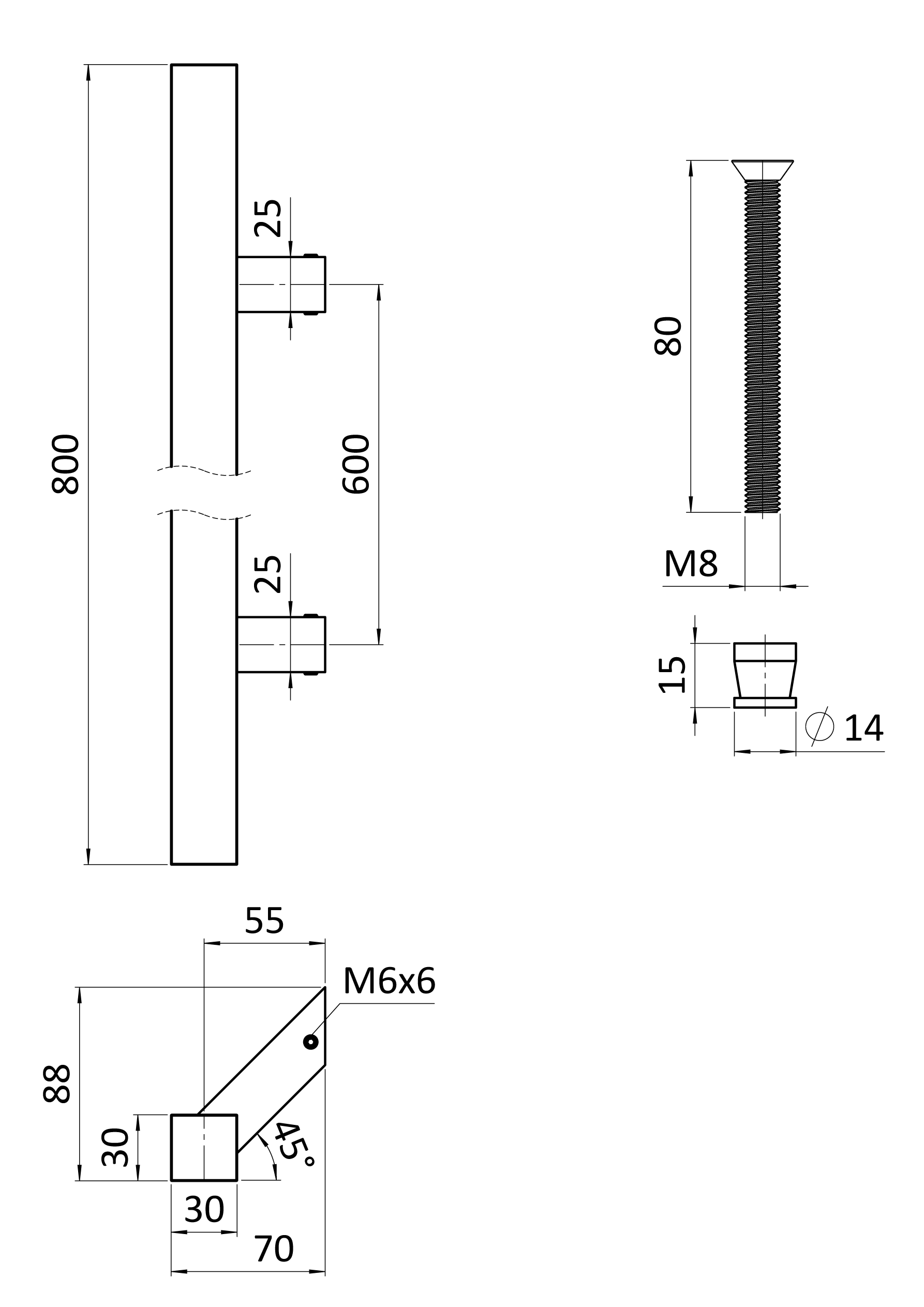 Nerezové 45° obojstranné madlo, L = 800 mm, AISI 304