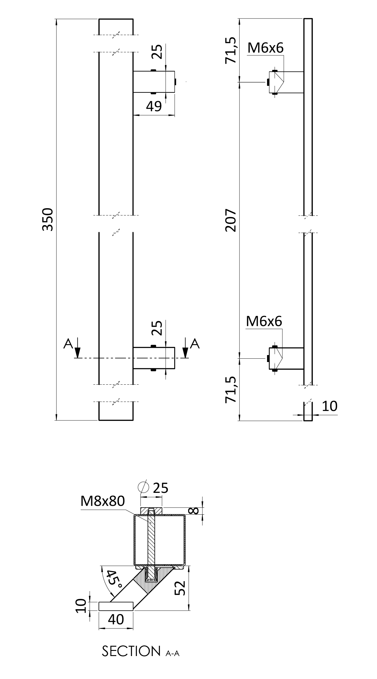 Madlo 45°, L = 350 mm, brúsená AISI 304