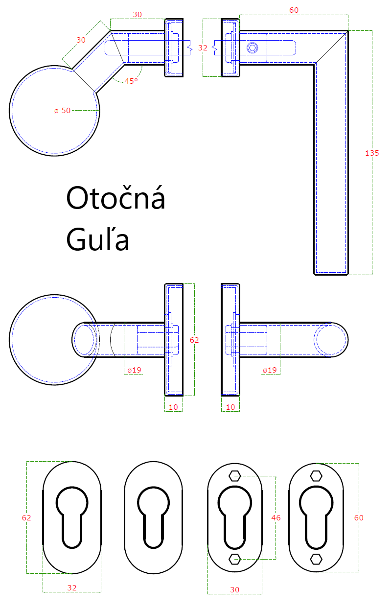 Kľučka (Ľ) + guľa (otočná), vrátane rozety, brúsená AISI 304