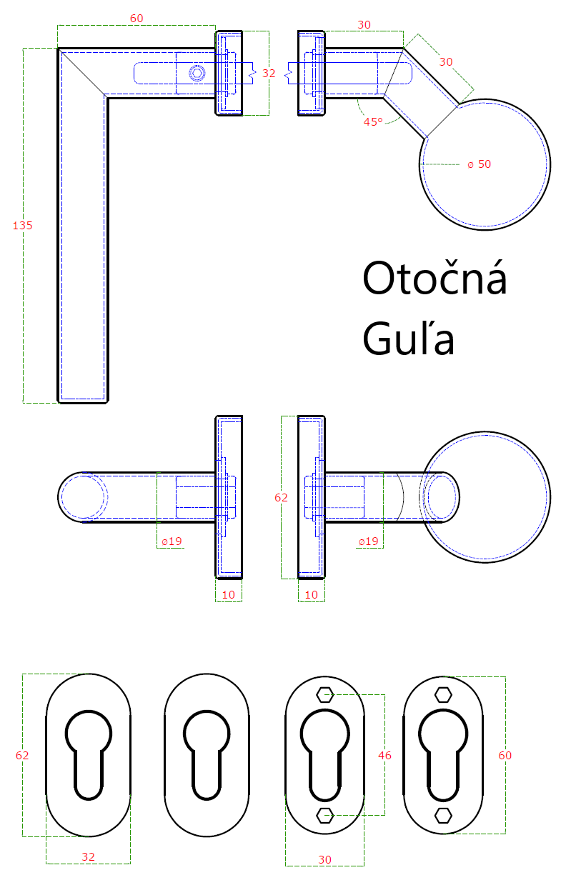 Kľučka (P) + guľa (otočná), vrátane rozety, brúsená AISI 304