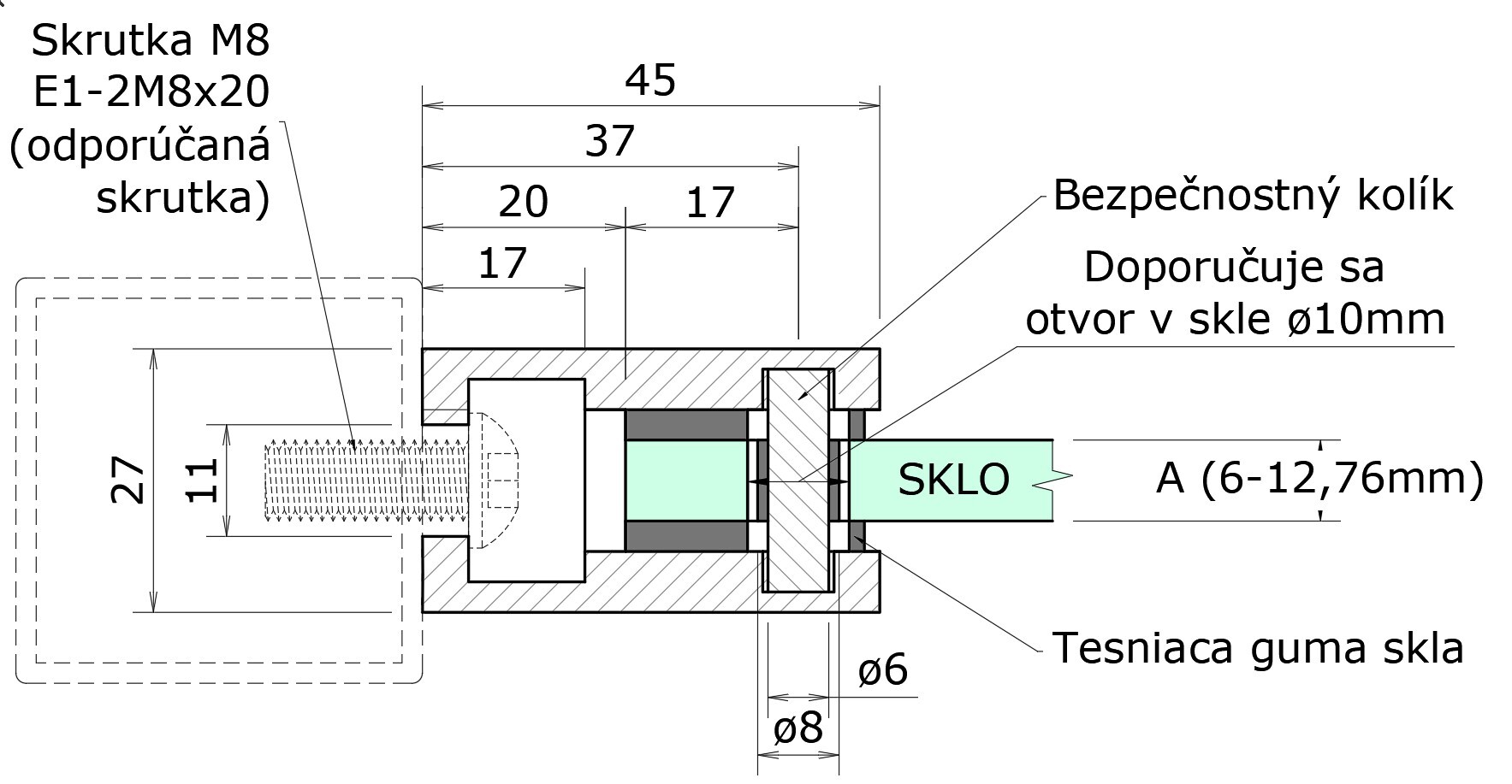 ZAMAK svorka skla plochá pre sklo 6 - 12,76, Al/Zn