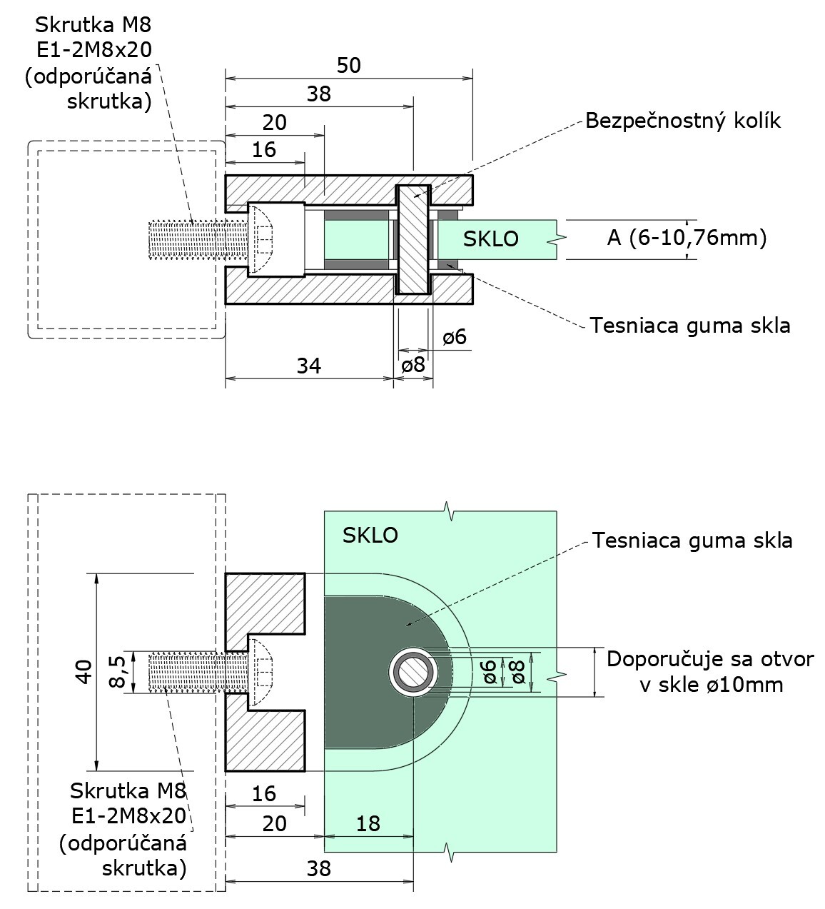 Svorka plochá, sklo 6 - 10,76 mm, brúsená nerez AISI 304