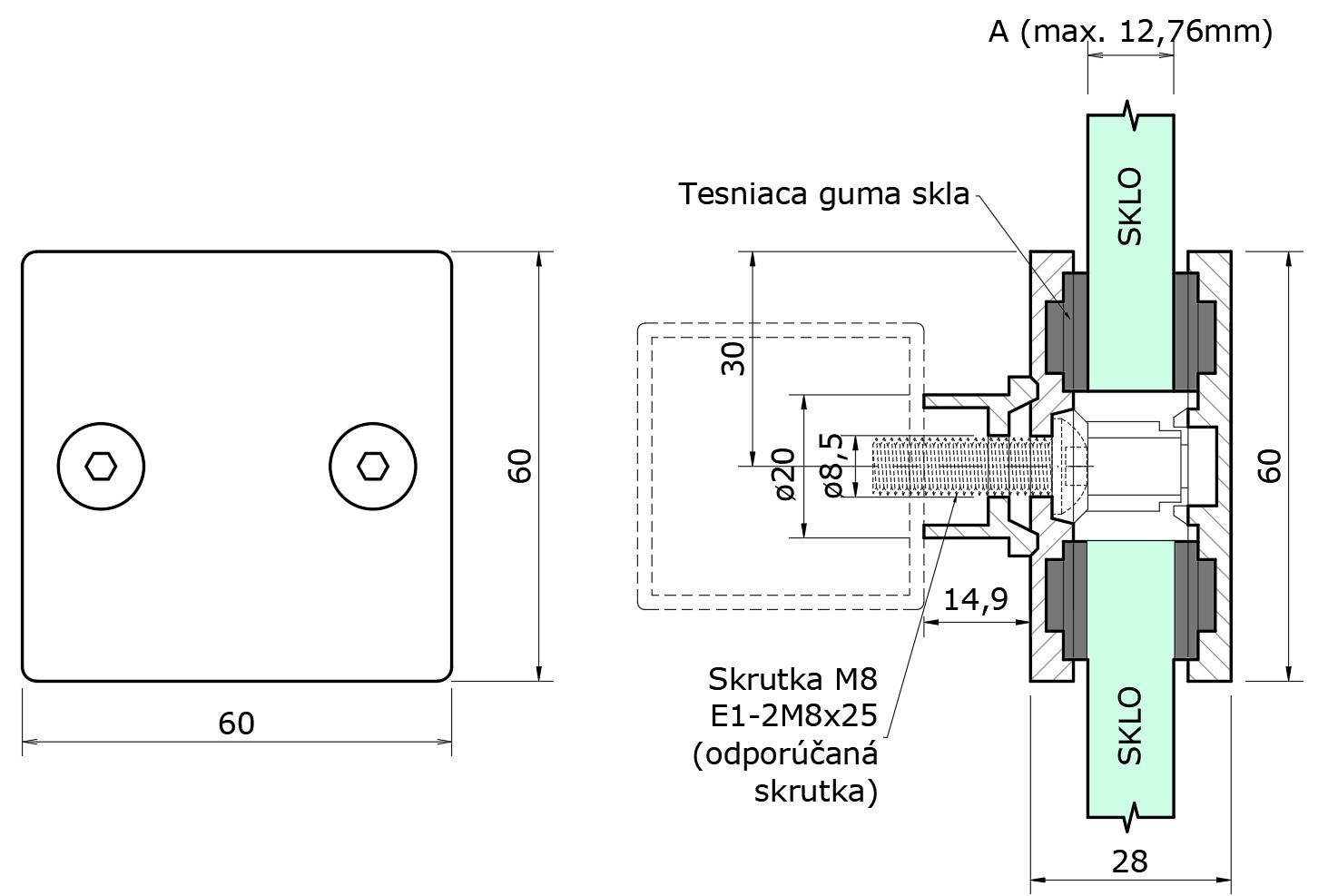 Svorka priama na jokel, na sklo 8 - 12,76 mm, AISI 304