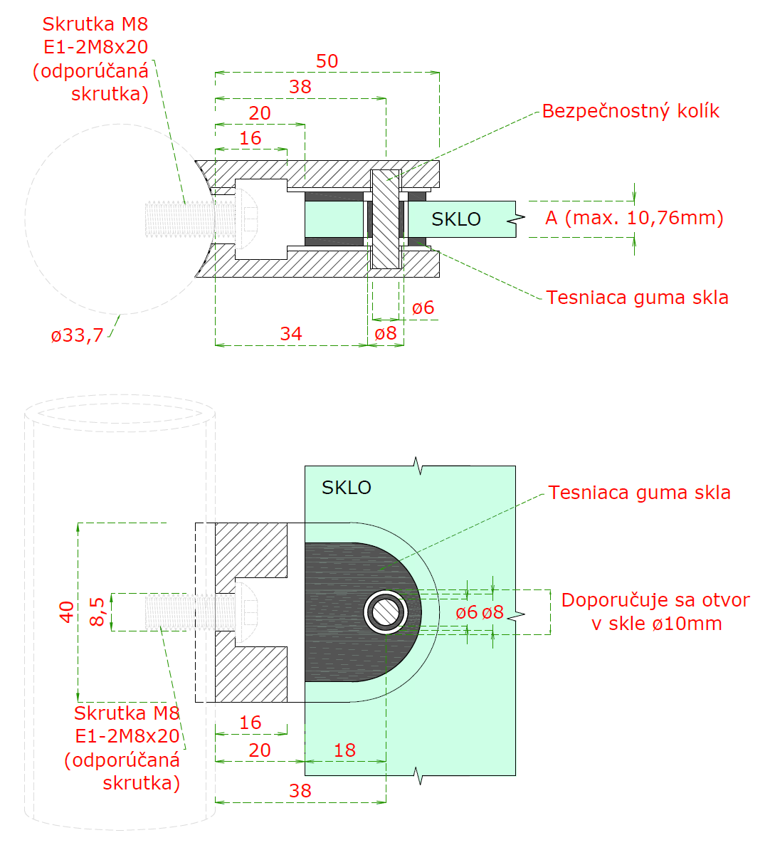 Svorka na trubku ø 33,7 mm, sklo 6 - 10,76 mm, AISI 304