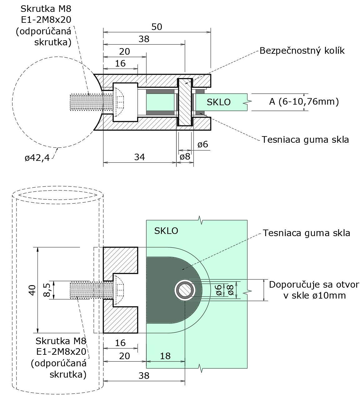 Svorka na sklo 6 - 10,76 mm, brúsená AISI 304, čierna