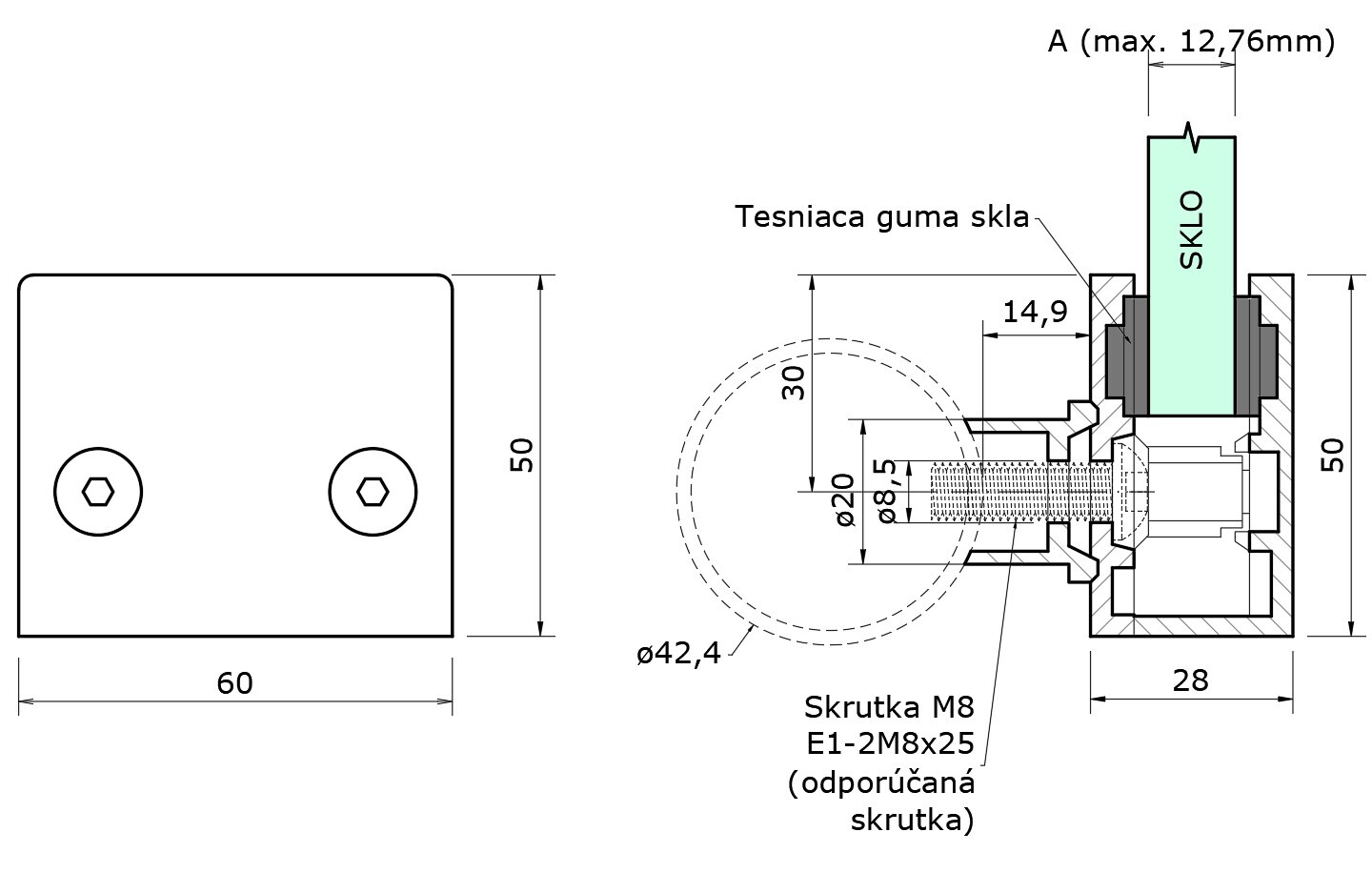Svorka koncová, sklo 8 - 12,76 mm, brúsená AISI 304