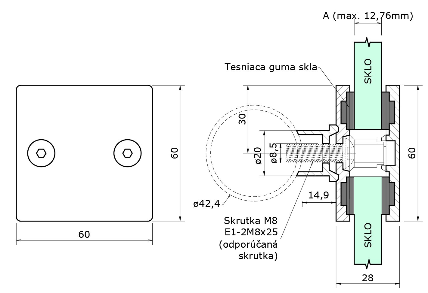 Svorka priama na trubku, sklo 8 - 12,76 mm, AISI 304