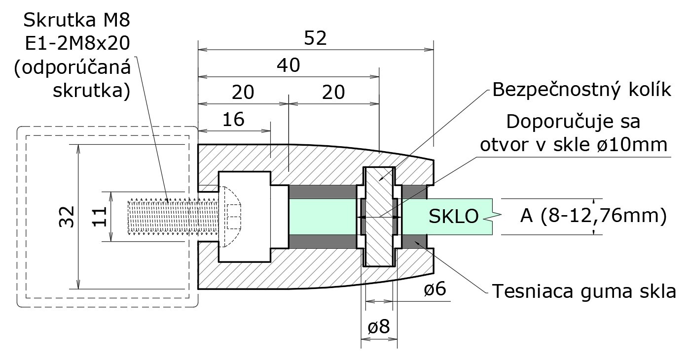 Svorka na jokel 40 x 40 mm, sklo 8 - 12,76 mm, AISI 304