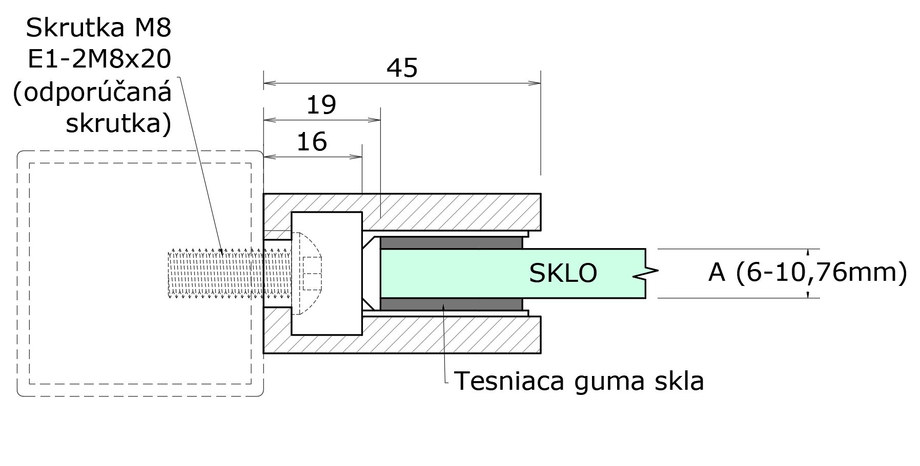 Svorka skla/plechu na jokel 40 x 40 mm, AISI 304, čierna