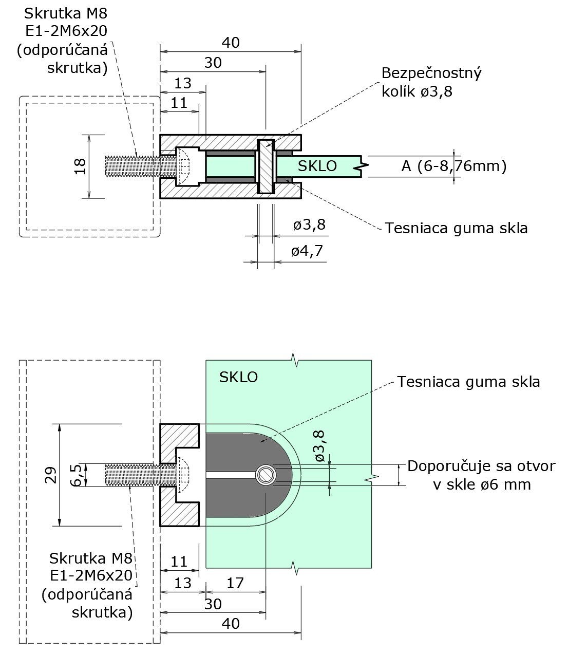 Svorka skla/plechu, sklo 6 - 8,76 mm, brúsená AISI 304