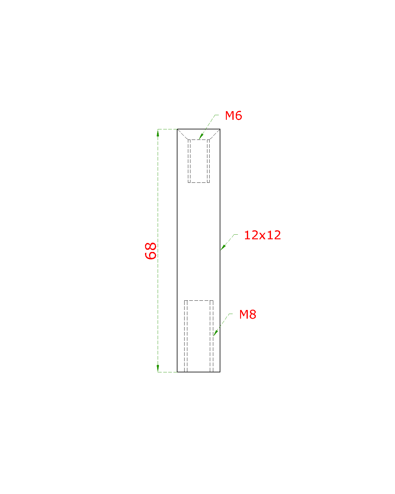Čap 12 x 12 mm, L = 68 mm, závit M6/M8, brúsená AISI 304
