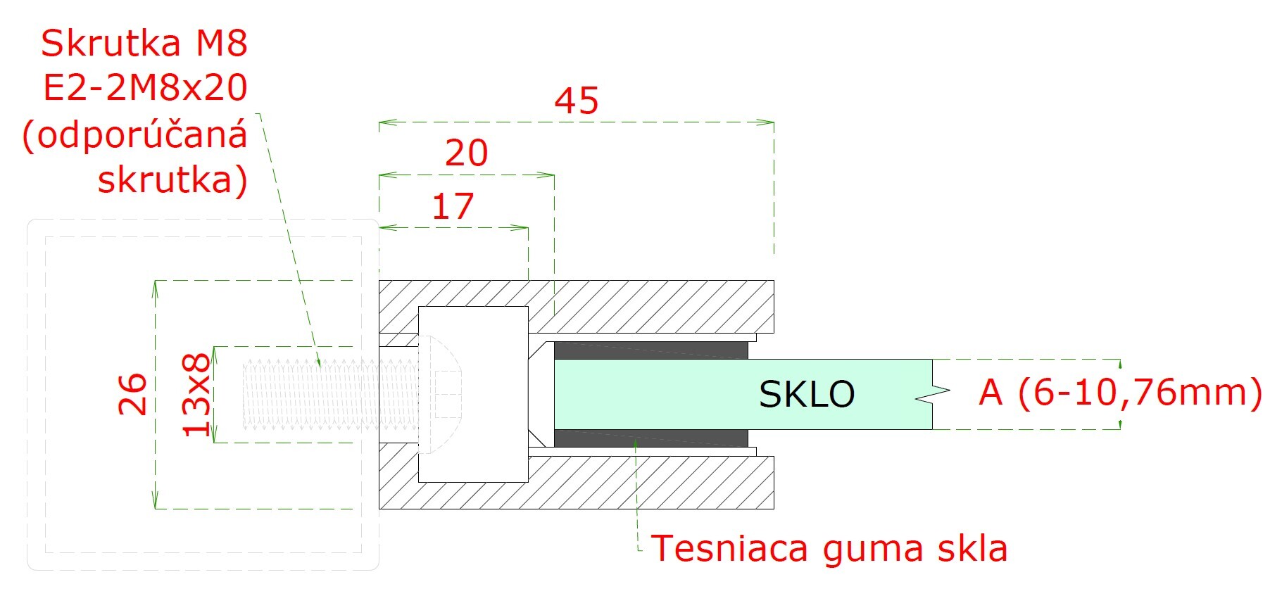 DOPREDAJ! Svorka plochá, sklo 6 - 10,76 mm, brúsená AISI 316