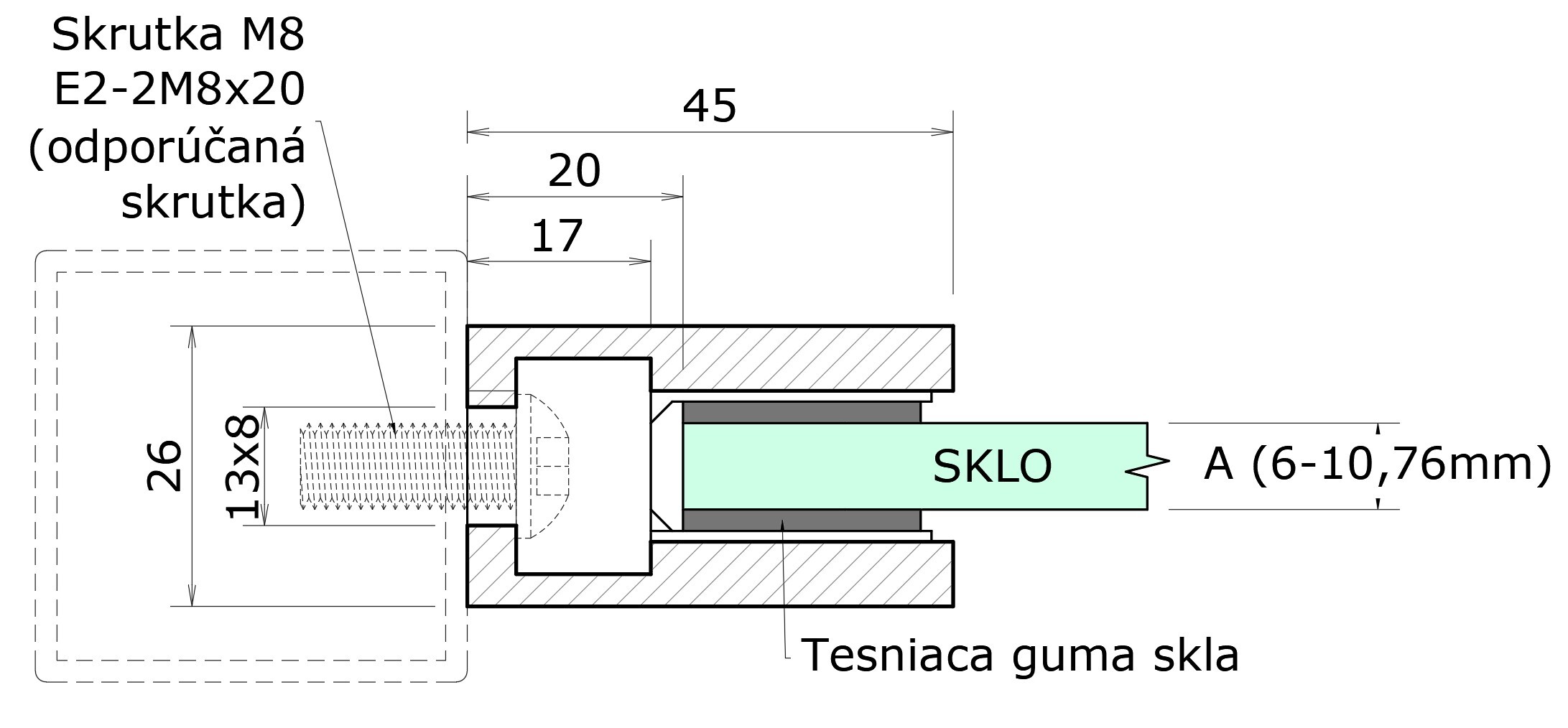 DOPREDAJ! Svorka plochá, sklo 6 - 10,76 mm, brúsená AISI 316