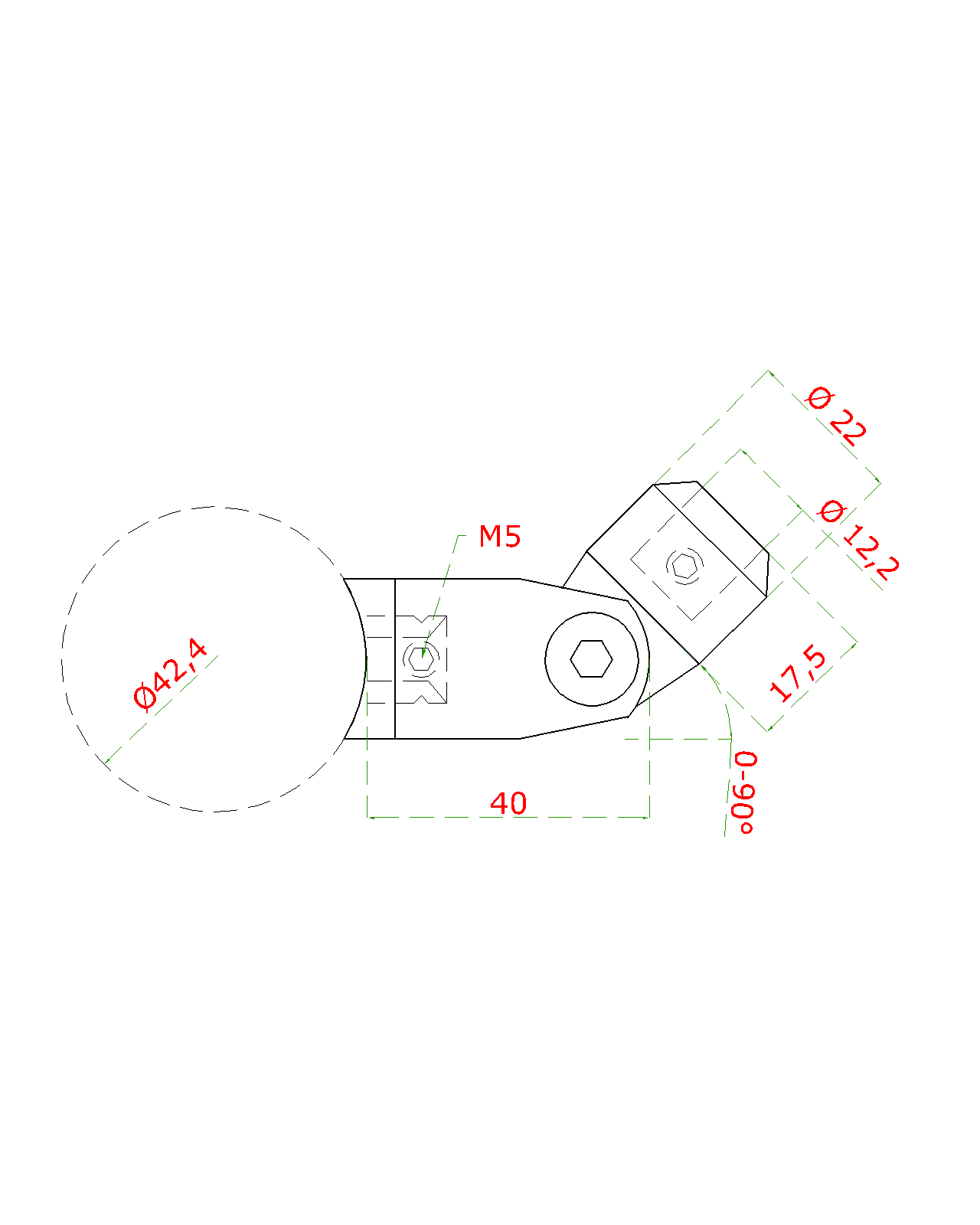 Držiak tyče ø 12 mm s kĺbom na trubku ø 42,4 mm, AISI 304