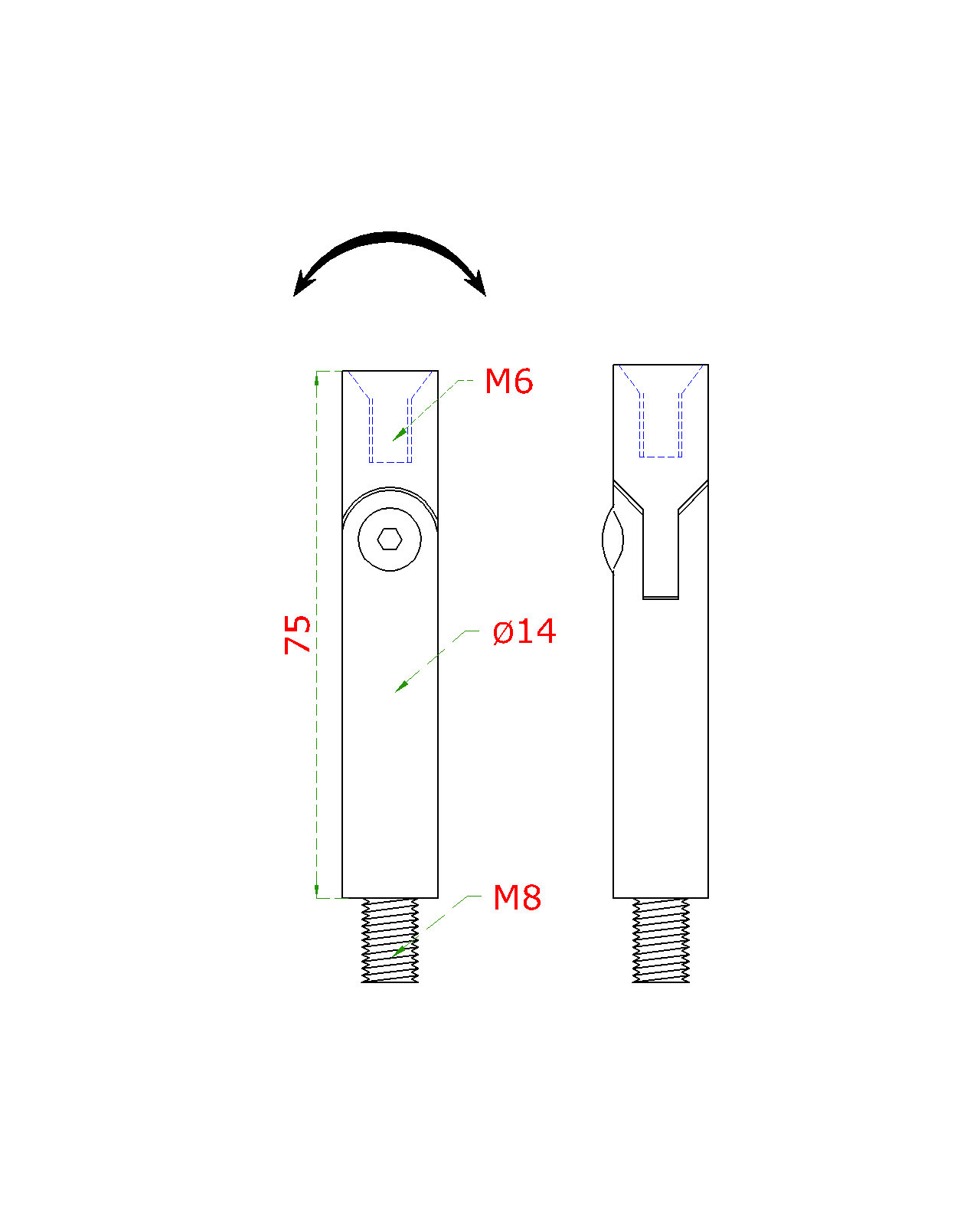 Čap s kĺbom ø 14 mm, L = 75 mm, brúsená nerez AISI 304