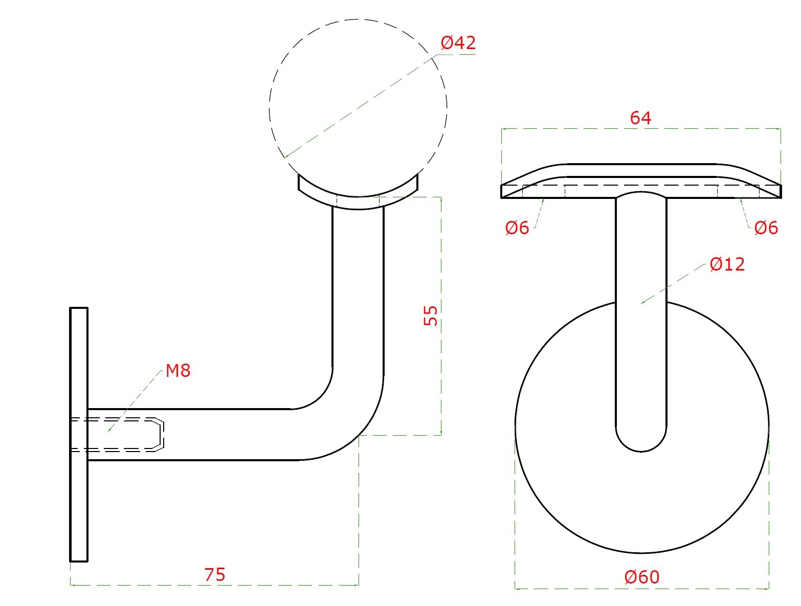 Držiak madla ø 42,4 mm na stenu, brúsená nerez AISI 304