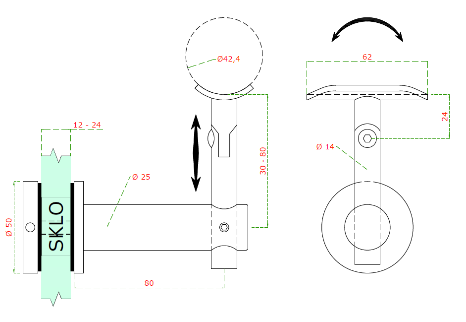 Držiak madla ø 42,4 mm s kĺbom, brúsená nerez AISI 304