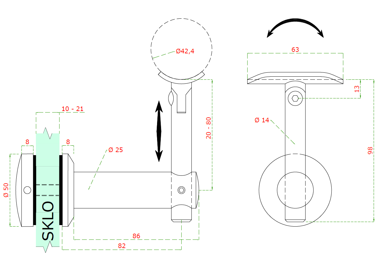 Držiak madla s kĺbom na trubku ø 42,4 mm, brúsená AISI 304