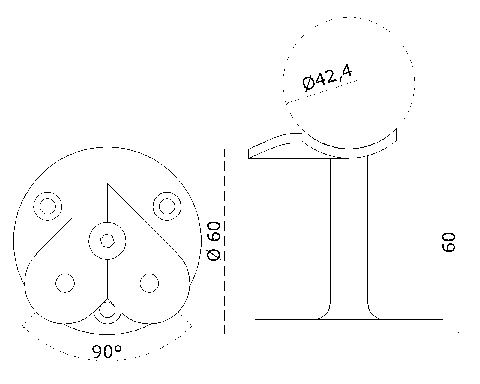 Držiak madla ø 42,4 mm, 90° uhol, brúsená nerez AISI 304