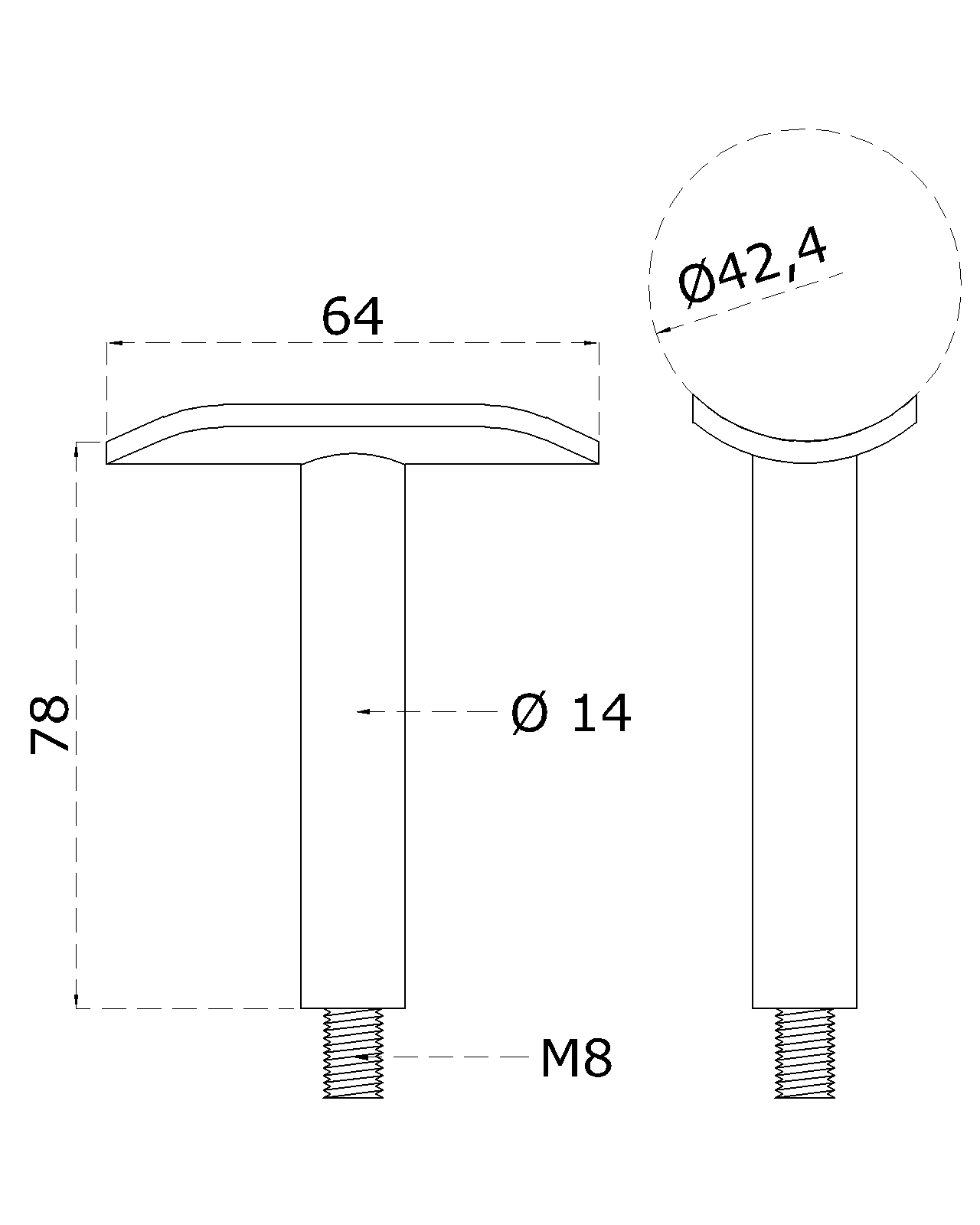 Držiak madla ø 42,4 mm, pevný, M8, brúsená AISI 304
