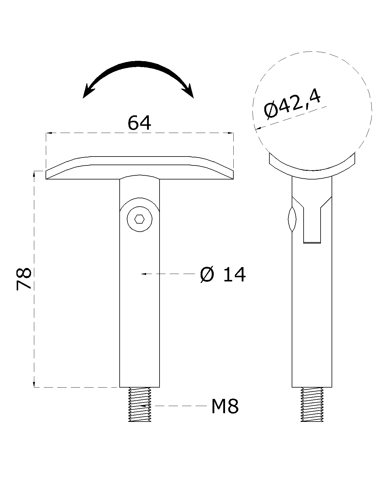Držiak madla ø 42,4 mm s kĺbom, M8, brúsená AISI 304