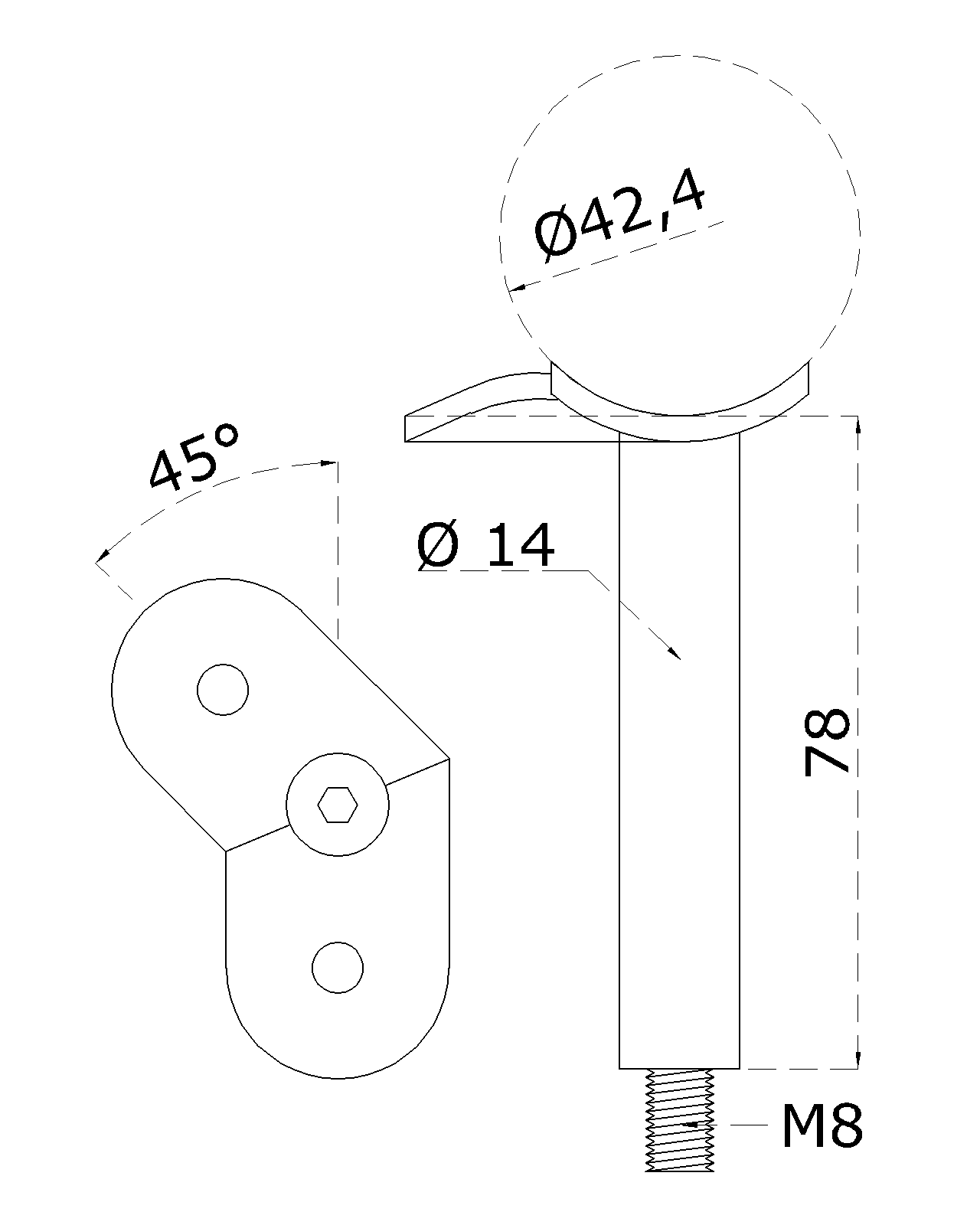 Držiak madla ø 42,4 mm, 45° uhol, M8, brúsená AISI 304