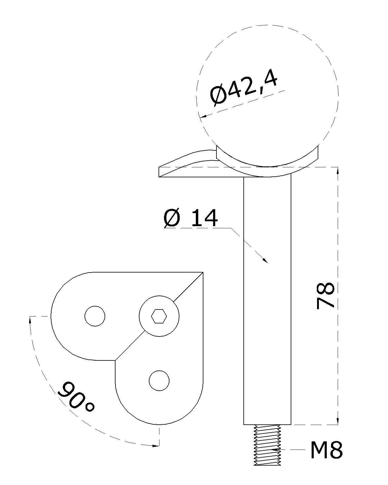 Držiak madla ø 42,4 mm, 90° uhol, M8, brúsená AISI 304