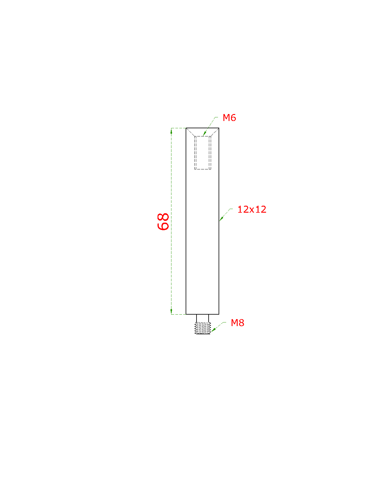 Čap 12 x 12 mm, L = 68 mm, brúsená nerez AISI 304