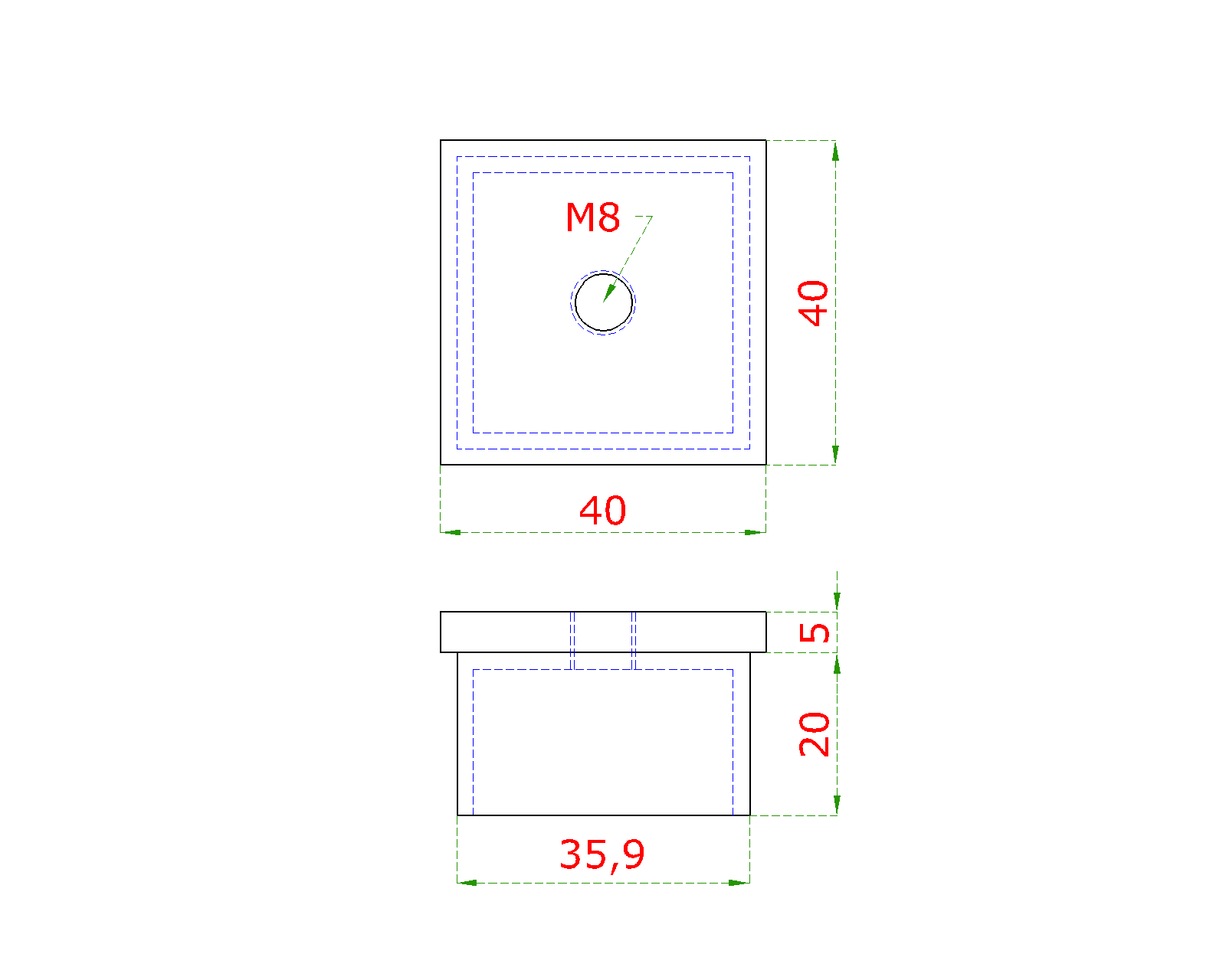 Ukončenie na jokel 40 x 40 mm, závit M8, brúsená AISI 304